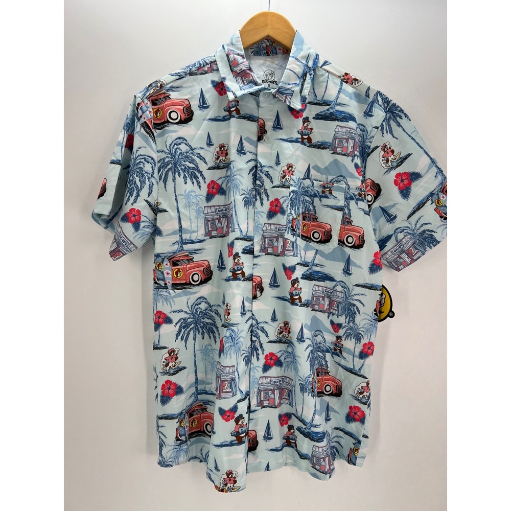 Buc-ee's Men S Tropical Beach Hawaiian Beaver Print Button Down Shirt Blue Small